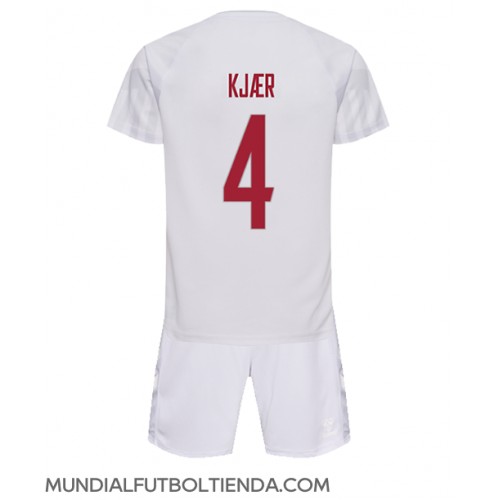 Camiseta Dinamarca Simon Kjaer #4 Segunda Equipación Replica Mundial 2022 para niños mangas cortas (+ Pantalones cortos)